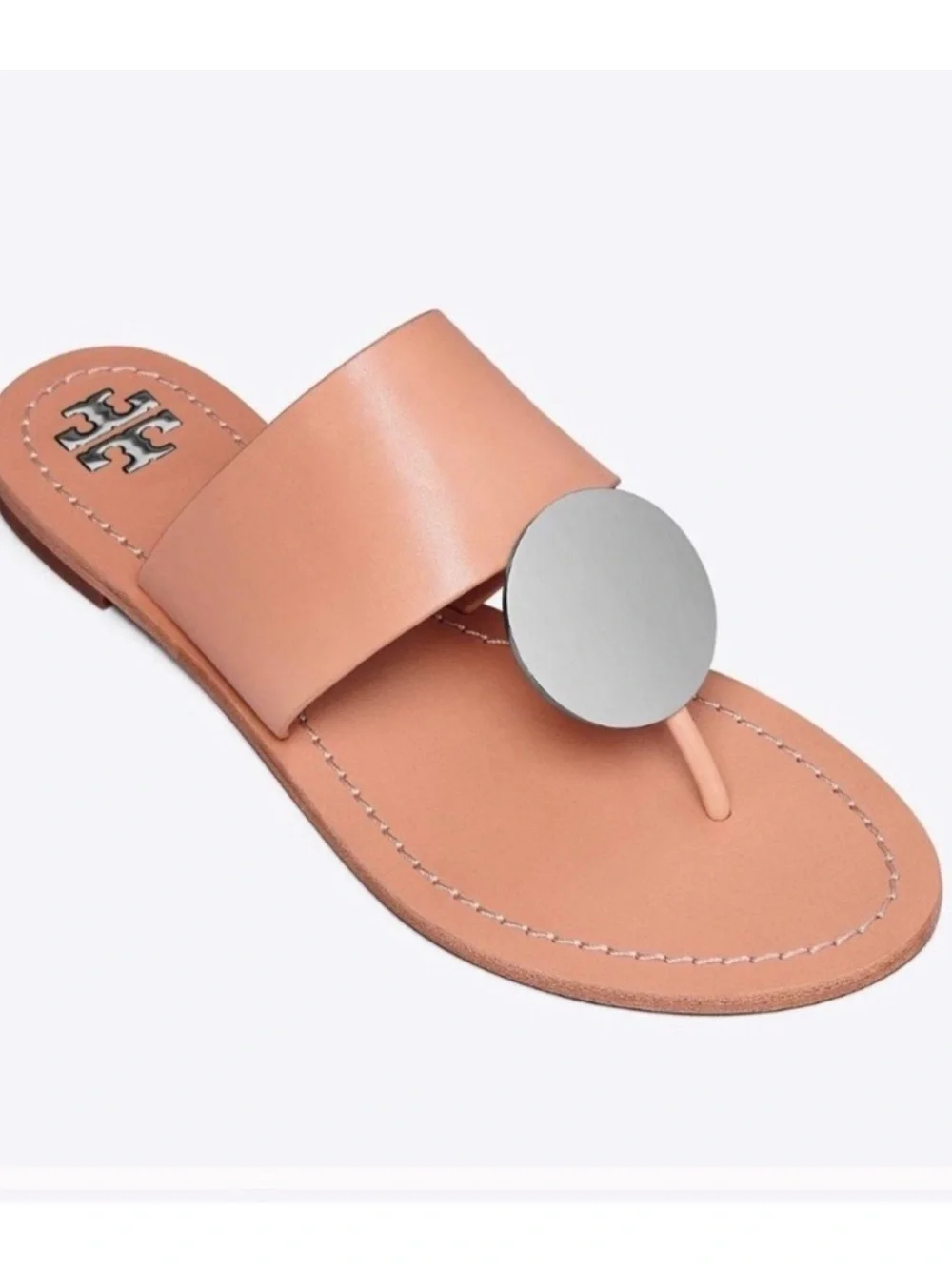 TORY BURCH SIZE 8~SILVER DISK PATOS SANDALS~NATURAL VACHETTA NUDE LEATHER~FLATS